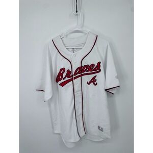True Fan Atlanta Braves Baseball Jersey Men's Large 42-44 White Button Front NWT